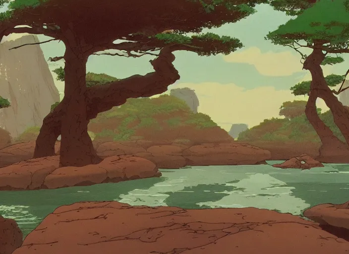 Image similar to pleasing appealing smooth flat rocky environment sunningrocks by the river's shore, forest clearing, still placid environment matte painting from studio ghibli and the fox and the hound ( 1 9 8 1 )