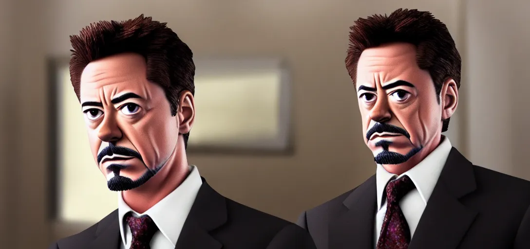 Image similar to a very high resolution image of tony stark, from an episode of the office. photorealistic, photography