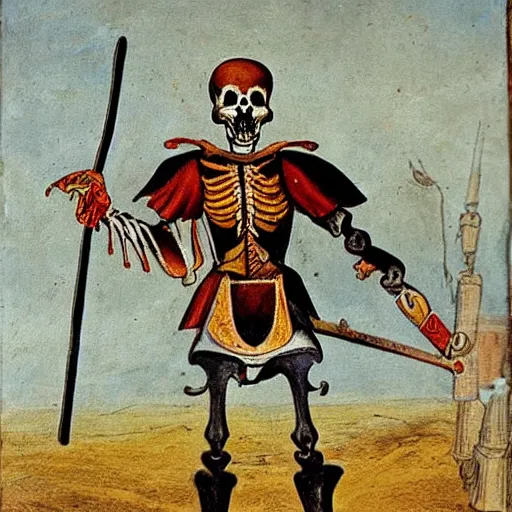 Image similar to skeleton in a colourful landsknechts uniform, wielding a sword, rennaissance painting