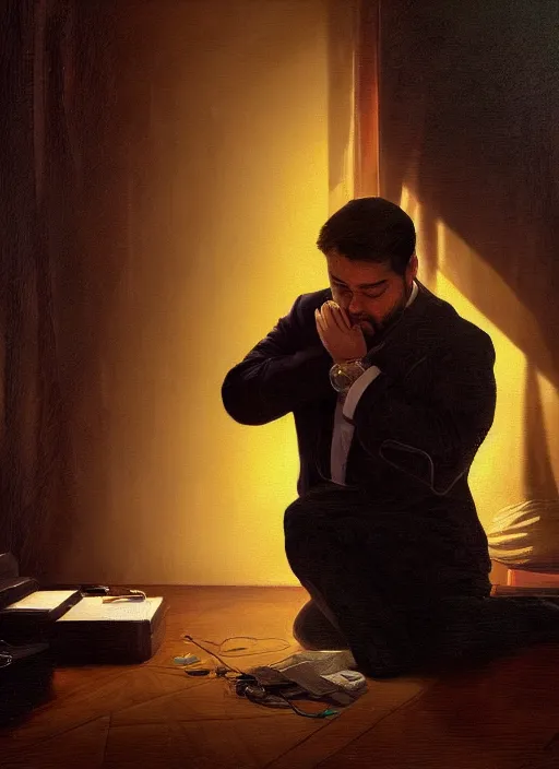 Image similar to insanely detailed chiaroscuro image of a sleepy - looking chubby well - dressed programmer guy on his knees facing his glowing ultrawide monitor monitor begging it for forgiveness, oil on canvas, masterwork, fine detail, trending on artstation, emotive, insanely compelling, ryden, koons, moebius