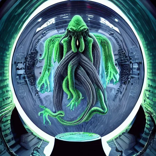 Image similar to scientists watching a clone of cthulhu in culture capsule, bio chemical illustration, hyperealistic, detailed photography, divinity, awful, religious art, sci - fi, green light