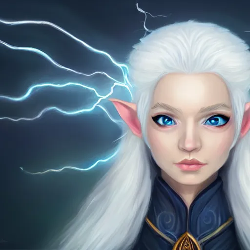 Image similar to Beautiful white haired aged fair skinned scholar elf with spell scroll and lightning background, full body, symmetrical, realism, digital painting, detailed artwork, portrait, mythical, artstation