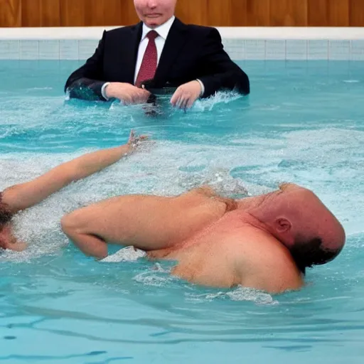 Prompt: putin bathes in a pool with bears