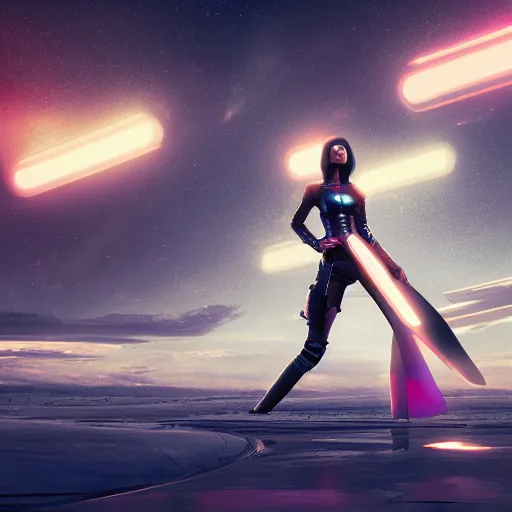 Image similar to beautiful android woman, standing in a barren wasteland, futuristic, chrome and colorful, photo - realistic, ray tracing, 3 d shading, octane render, popular on art station