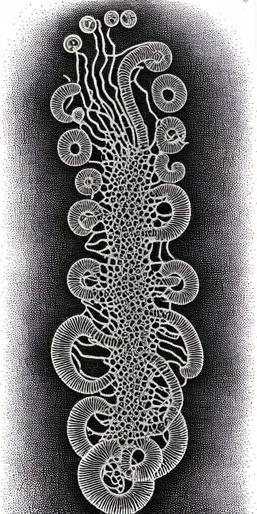 Image similar to a black and white drawing of a variety of sea life, a microscopic photo by ernst haeckel, zbrush central, kinetic pointillism, bioluminescence, intricate patterns, photoillustration