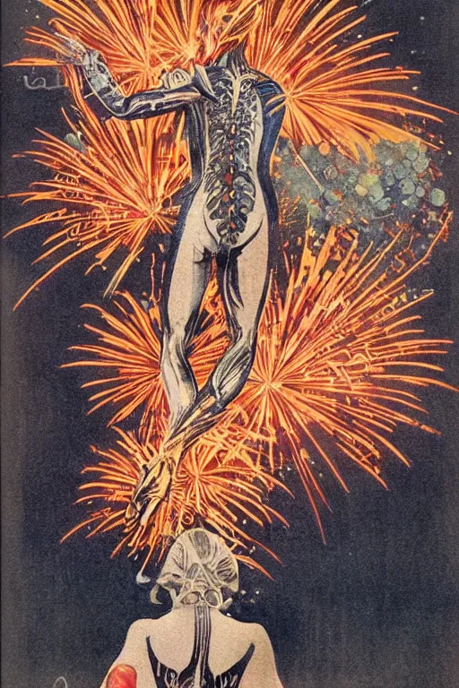 Prompt: anatomical illustration of fireworks, 1920s art deco, by Telemaco Signorini, vintage postcard, a vintage anime 70s comic book watercolor by Dean Ellis