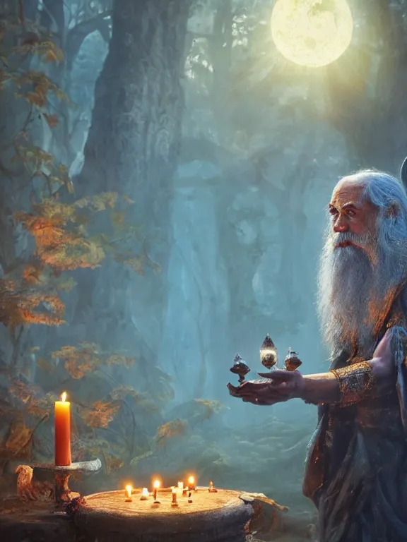 Image similar to fine painting of a wizard from an ancient culture with mushrooms growing from his body, candlelight, 8 k, ultra realistic, lens flare, atmosphere, glow, detailed, intricate, full of colour, cinematic lighting, trending on artstation, 4 k, hyperrealistic, focused, extreme details, unreal engine 5, cinematic, masterpiece