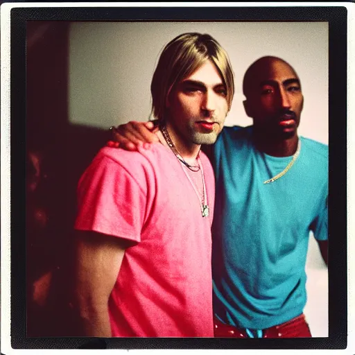 Image similar to Polaroid photograph of Kurt Cobain and Tupac Shakur in a club, blurry, XF IQ4, 150MP, 50mm, F1.4, ISO 200, 1/160s, natural light, Adobe Lightroom, photolab, Affinity Photo, PhotoDirector 365,