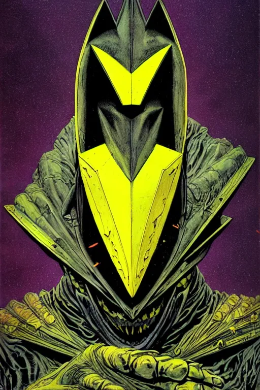 Image similar to black and yellow technicolor color risoprint, richard corben, wayne barlowe, moebius, heavy metal comic cover art, psychedelic triangular lich in heavy shoulders armor, very intricate, thick outline, full body, symmetrical face, long black crown, in a shapes background, galactic dark colors