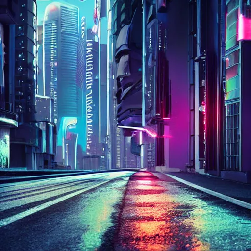 Prompt: car light far away on the cyberpunk street, future