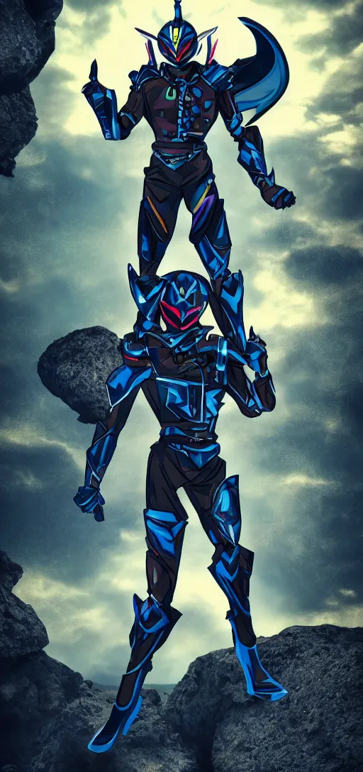 Image similar to High Fantasy Kamen Rider standing in a rock quarry, full body, 4k, glowing eyes, daytime, rubber suit, dark blue segmented armor, dragon inspired armor, centered