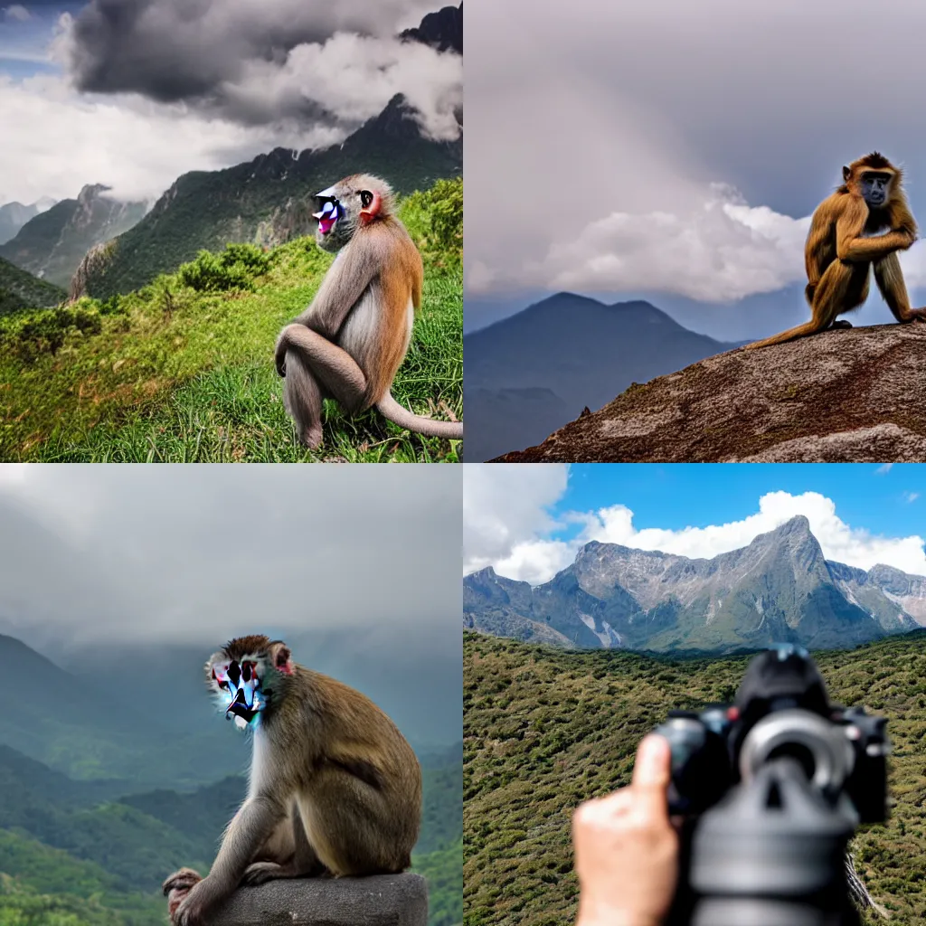 Prompt: a monkey taking a photograph, mountains in the backround with clouds, as fabry glenn