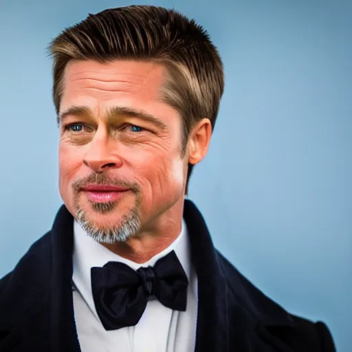 Prompt: close up of brad pitt wearing a blue suit and blue balaclava, dressed as a spy, live action movie, 8 5 mm f / 1. 4