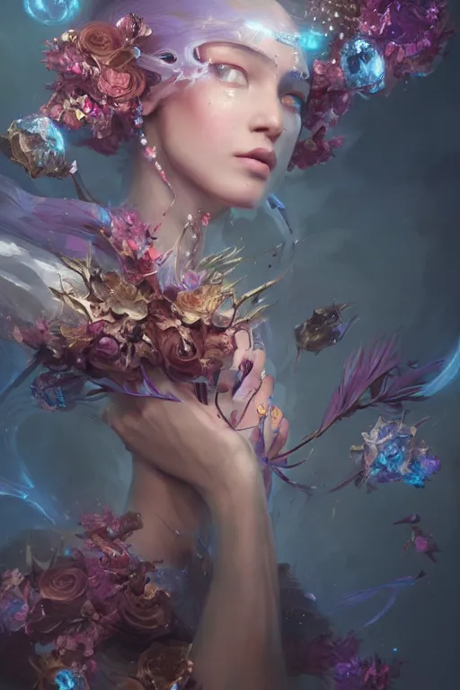 Image similar to beautiful girl necromancer covered with crystals exploding space, 3 d render, hyper realistic detailed portrait, holding magic flowers, ruan jia, wlop. scifi, fantasy, hyper detailed, octane render, concept art, peter mohrbacher