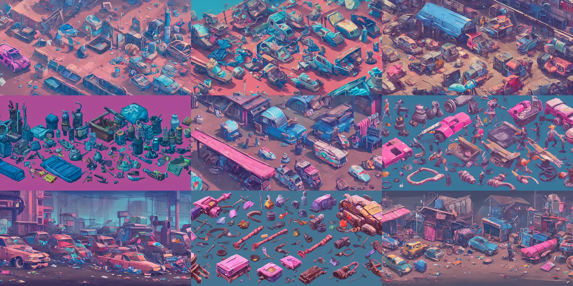 Prompt: game asset of urban trash and junkyard, in gouache detailed paintings, props, stylized, 2 d sprites, kitbash, arcane, overwatch, blue and pink color scheme, 8 k, close up