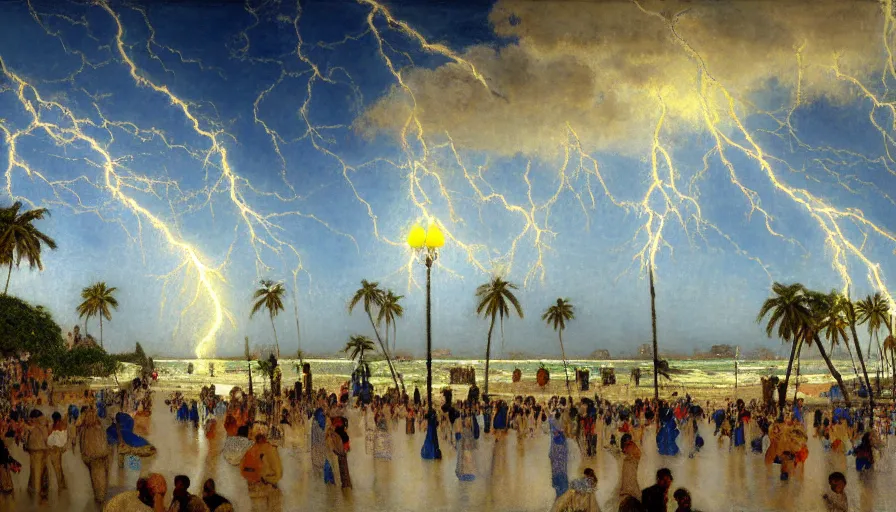 Prompt: a ultradetailed beautiful painting of the thunder sky of the rio de janeiro palace balustrade designed by jules bastien - lepage, tarsila do amaral, frank weston and gustave baumann, beach, trending on artstation, mediterranean, palm trees, sharp focus, lightning sparkles refraced lines, soft light, 8 k 4 k