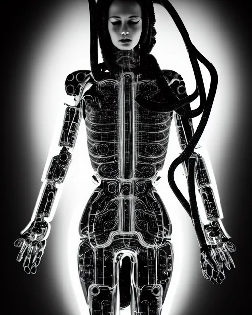 Image similar to black and white artistic photo, young female cyborg - plant goddess, microchip, artificial intelligence, bio - mechanical bio - luminescence, black wired cables, cinematic, rim light, photo - realistic, 8 k, in the style of steven meisel and dora maar and h. g. giger