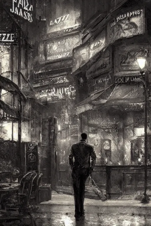 Image similar to An empty jazz cafe as a Mafia: Definitive Edition loading screen, upper body, highly detailed, intricate, sharp details, dystopian mood, 1950 scene by gaston bussiere, craig mullins, somber lighting, drawn by Giacomo Burattini, inspired by graphic novel cover art