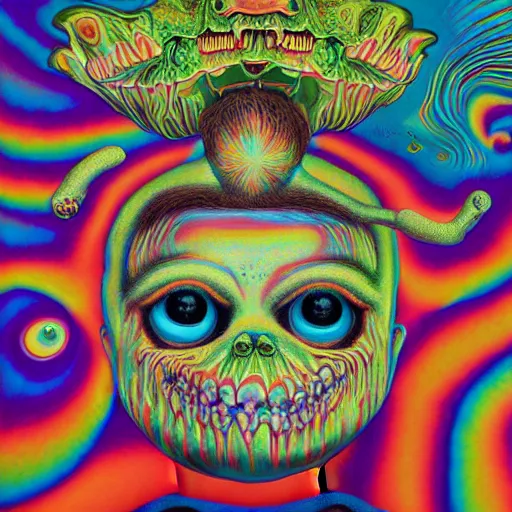 Image similar to Psychedelic LSD experience with insane trippy visuals in the style of an album cover by Mark Ryden and Alex Gross, Todd Schorr ,highly detailed, 8k UHD