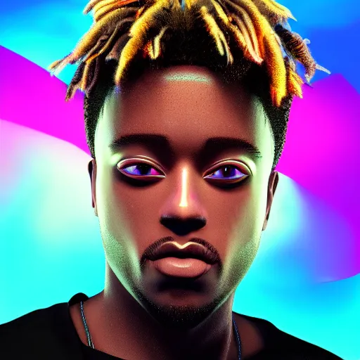 Image similar to synthwave, chromaatic, Juice WRLD face closeup, very detailed, detailed face, 4k