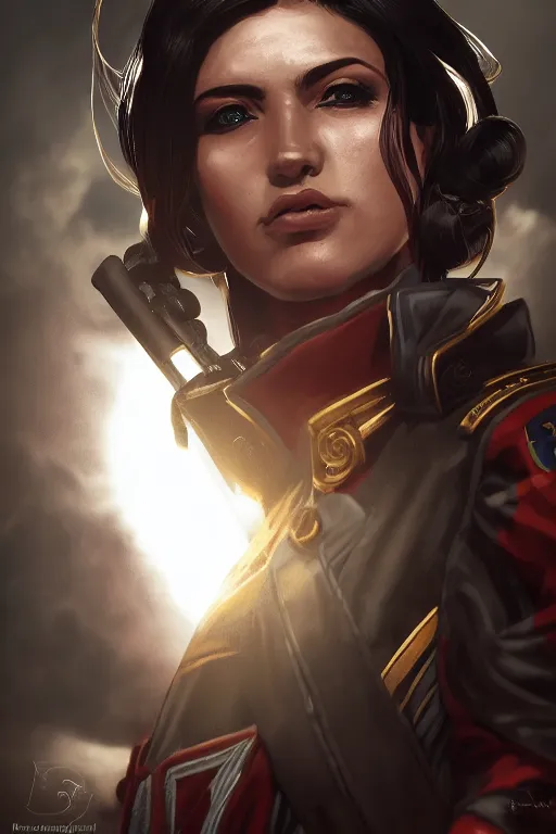 Image similar to Portrait of female commissar. warhammer 40k setting. Shaded lighting. by Ilya Kuvshinov, Rob Rey, Giuseppe Dangelico Pino. Cinematic. Dark Lighting. Rule of Thirds. Imposing, pointing, heroic, detailed, realistic, 8k, photorealistic