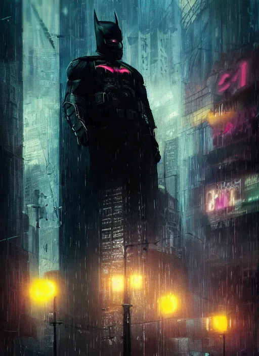 Image similar to cyberpunk batman, rule of thirds, russia, moscow, rain, lights, close - up, high quality, ultrarealistic, sculls, neon glow, by giger, trending on artstation, intricate outfit, spotlight, by greg rutkowski, by jeremy mann, digital painting