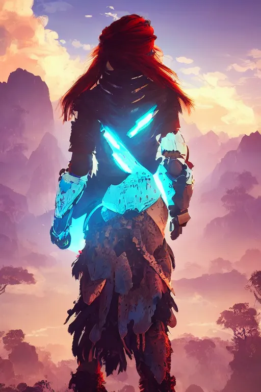 Image similar to combination suit armor aloy horizon forbidden west horizon zero dawn radiating a glowing aura global illumination ray tracing hdr fanart arstation by ian pesty and alena aenami artworks in 4 k tribal robot ninja mask helmet backpack