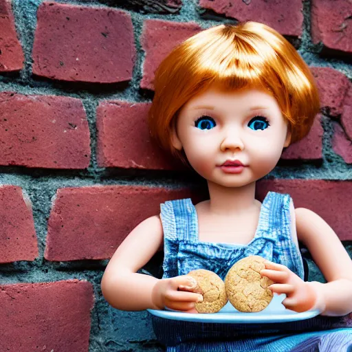 Image similar to plastic doll with giant realistic hands eating a cookie sitting on brick wall, garden background, sky, photo, hd