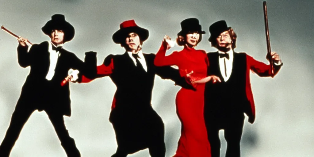 Image similar to a film still of a 70s movie of a blonde young woman wearing a red dress running of a man holding a cane wearing black suit and a bowler hat with a monstrous hat