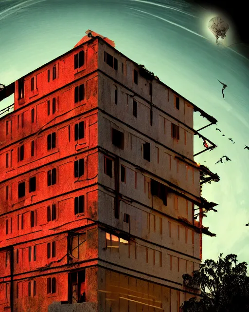 Image similar to unfinished building by peter doig, morning sun magic realism thermal imaging sunlight fisheye retrowave nature laser dramatic lighting uv light darkacademia, archdaily, wallpaper, highly detailed, trending on artstation.