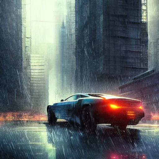 Prompt: cyberpunk man flying with his car between the skyscrapers the weather is raining by greg rutkowski