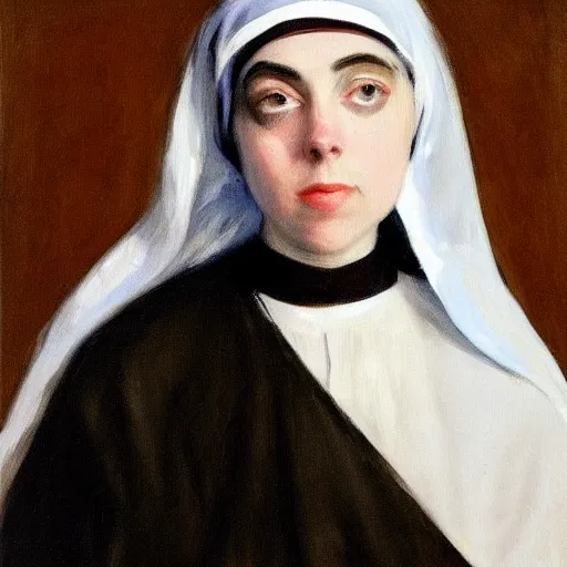 Prompt: Billie Eilish as a nun, painted by Robert Henri, detailed brushstrokes