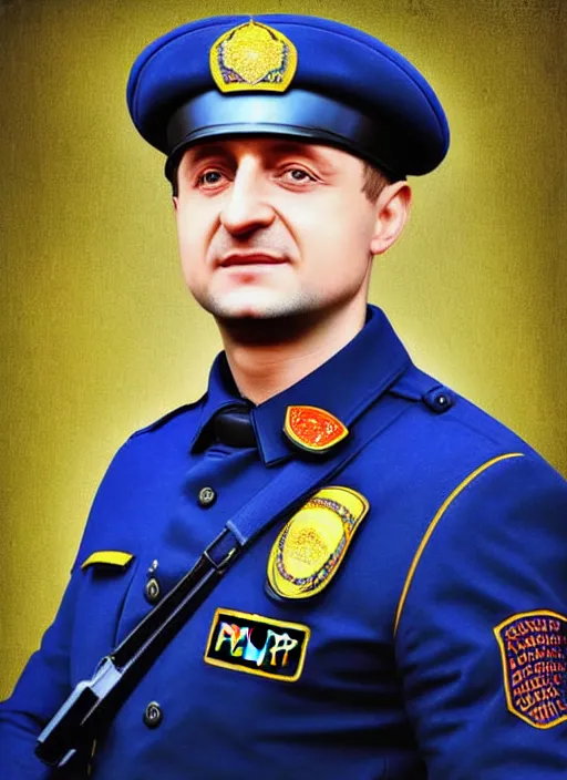 Image similar to volodymyr zelenskyy wearing a police uniform, digital art