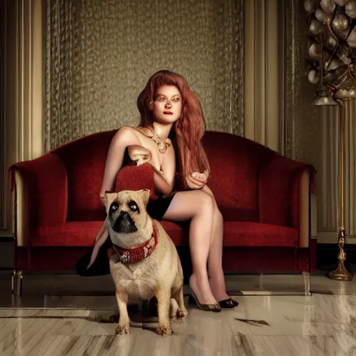 Image similar to high fashion photoshoot octane render portrait by wayne barlow and carlo crivelli and glenn fabry, subject is a single pretty woman lonely petting her dog inside a high - end exotic vintage boutique hotel lounge, very short depth of field, bokeh w 1 0 2 4