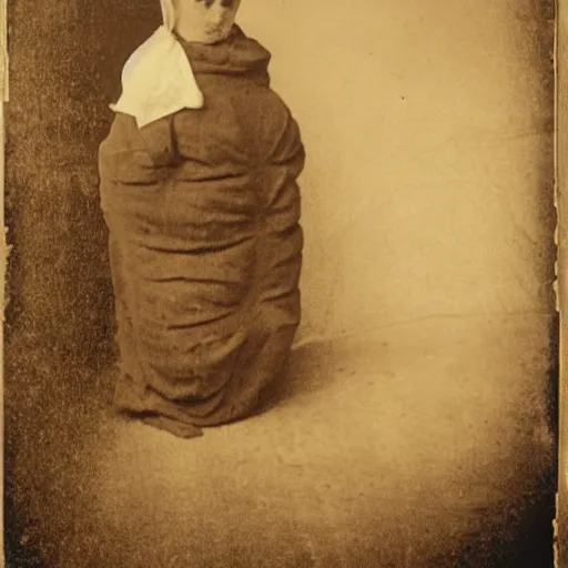 Prompt: first ever photograph of a person dressed as a potato discovered 1866 sepia vintage