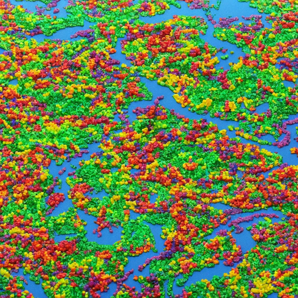 Image similar to painting of the countryside created entirely with gummy bears
