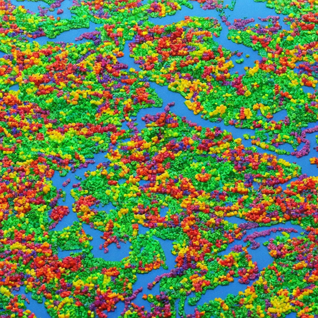 Prompt: painting of the countryside created entirely with gummy bears