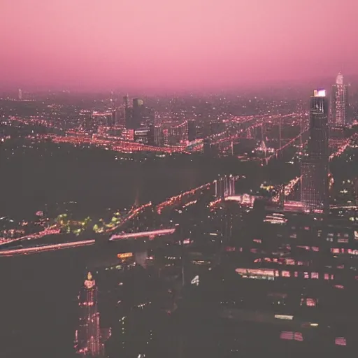 Prompt: a dreamy grainy photo of a city at dusk