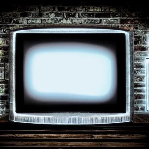 Prompt: a broken tv with colored static, glowing dimly