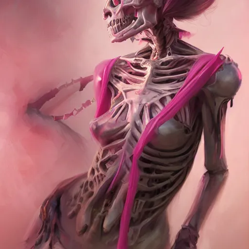 Prompt: Pink Death skeleton, by Stanley Artgerm Lau, WLOP, Rossdraws, James Jean, Andrei Riabovitchev, Marc Simonetti, Yoshitaka Amano, ArtStation, CGSociety,