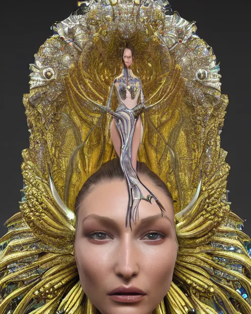 Image similar to a highly detailed metahuman 4 k close up render of an alien goddess bella hadid monument bird in iris van herpen dress schiaparelli in diamonds crystals swarovski and jewelry iridescent in style of alphonse mucha gustav klimt trending on artstation made in unreal engine 4