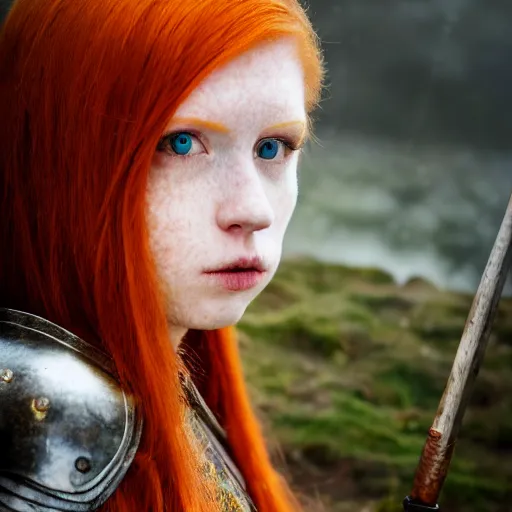 Prompt: north girl, adult, warrior, red hair, ginger hair, fantasy, high detailed, photography, cloudy, lightweight armor, Scandinavia, plain, Authentic, detailed face, cute face, spear in hand