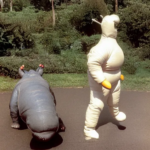 Image similar to a 3 5 mm photography, kodachrome colour, of grandpa fighting with white michelin man costume, riding a hippo, strange creatures and alien plants around, photos taken by martin parr - h 9 6 0 - w 1 0 8 8