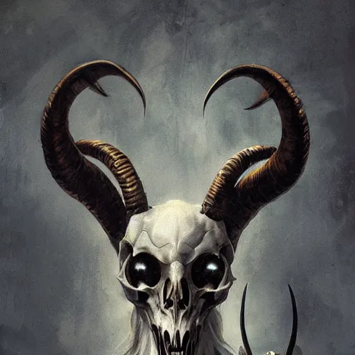 Image similar to baphomet with goat horns holding an animal skull, style of da vinci, horror, fantasy illustration, by greg rutkowski