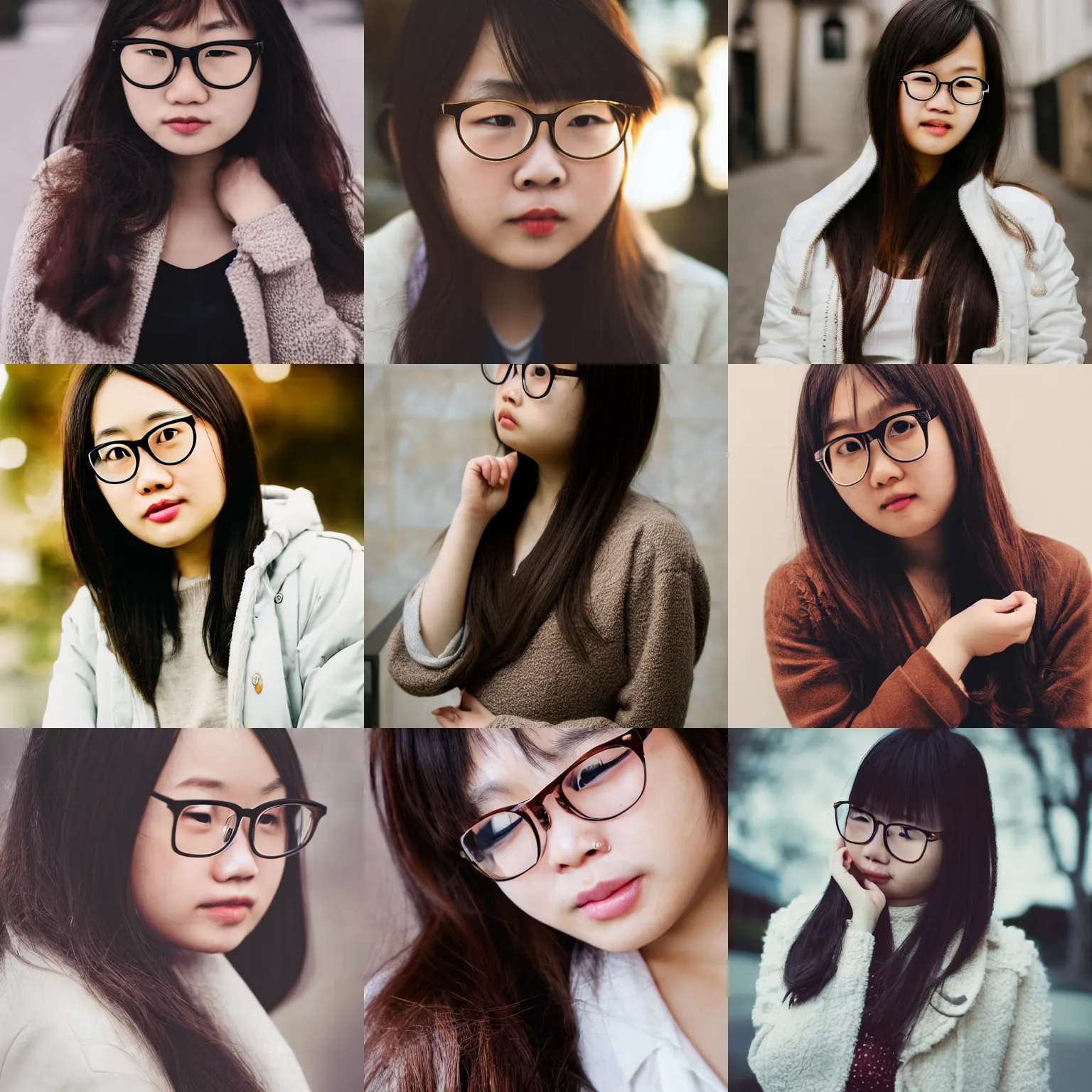 Prompt: portrait, award - winning, beautiful, cute, adorable, plump round faced, dark brown colored long hair, wearing round glasses, white jacket clothing, asian girl, bokeh, dimly lit, intricate, highly detailed face, 8 k