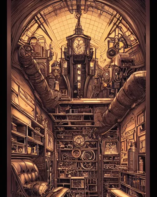 Prompt: a majestic steampunk alchemists bookshelf, two point perspective, furniture, high details, bold line art, by vincent di fate and joe fenton, inking, etching, screen print, masterpiece, trending on artstation, sharp, high contrast, hyper - detailed,, hd, 4 k, 8 k