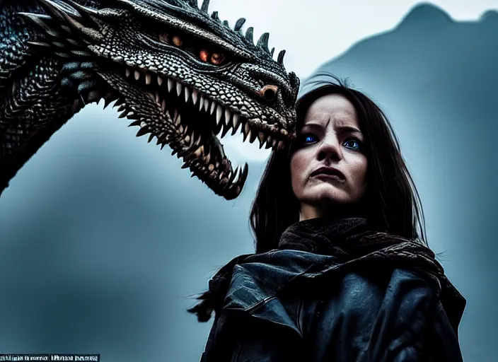 Prompt: scared female rogue who came only to look at the real dragon, symmetrical, cinematic, real photography