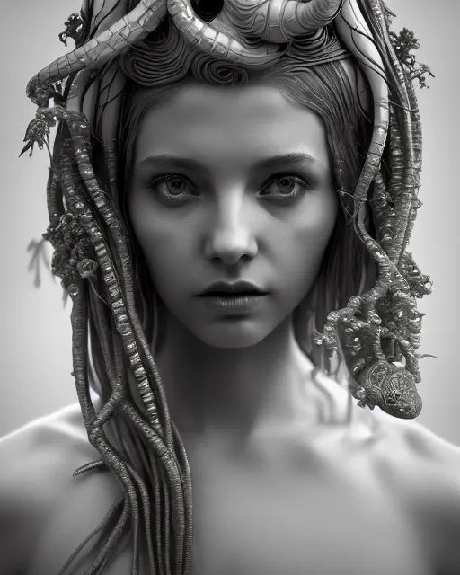 Image similar to mythical dreamy underwater artistic black and white 3 d render of a translucent beautiful young female angelic - medusa - vegetal - doll, highly detailed, intricate crystal ivy jelly ornate, poetic, translucent algae ornate, digital art, octane render, 8 k artistic photography, photo - realistic, hg giger flora borsi