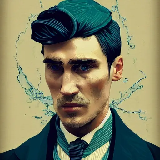 Image similar to a portrait of thomas shelby from the peaky blinders standing in atlantis, in the style of Benjamin Bader, sharp, highly detailed, realistic face, digital art, epic, fantasy, artstation