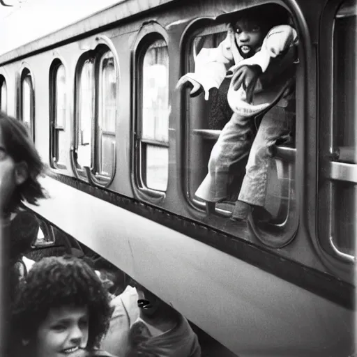 Prompt: “ kids riding on top of a new york city subway car, photograph by henri cartier - bresson ”